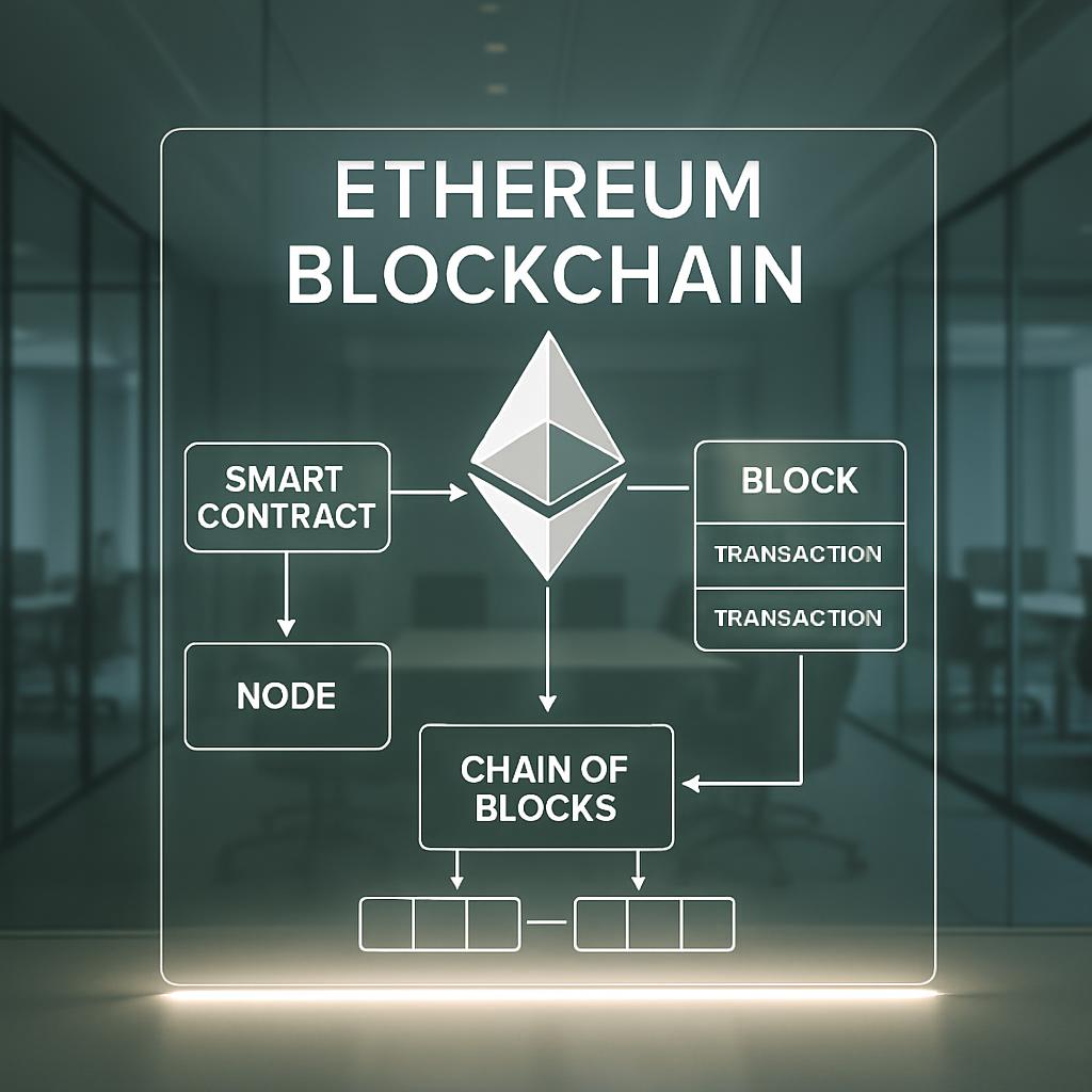 Diagram of the Ethereum blockchain, titled 'Ethereum Blockchain', featuring a central white Ethereum logo, surrounded by f...