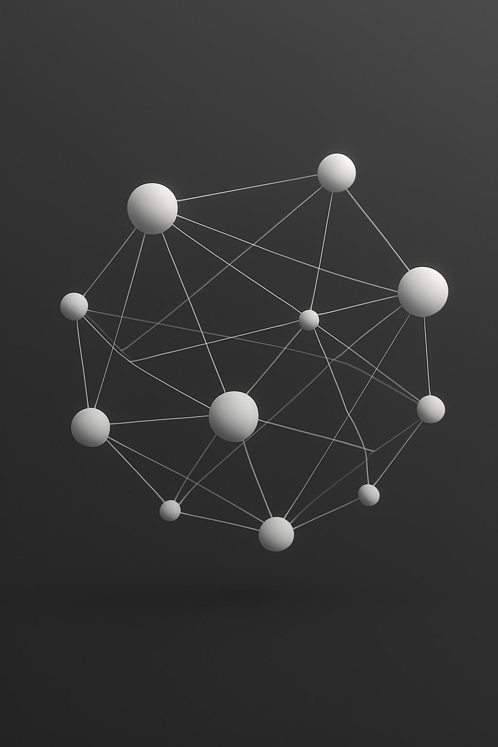 A web-like network composed of various-sized spheres interconnected by lines.