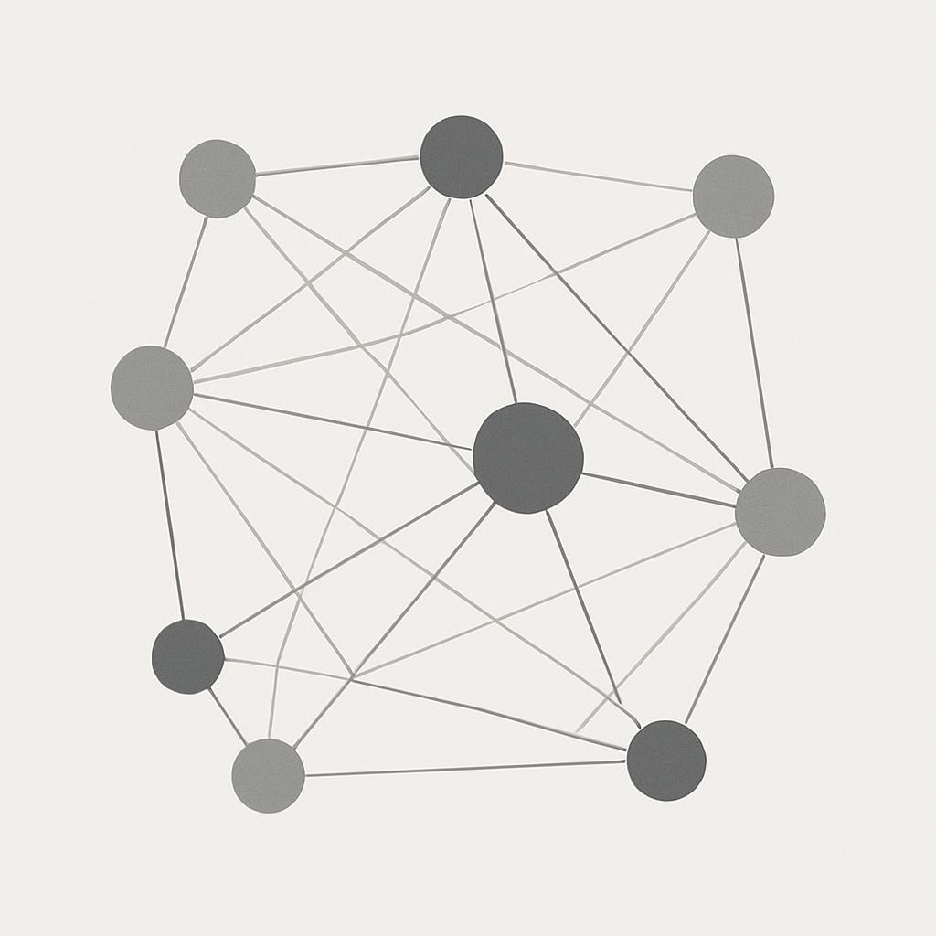 Eight light gray and dark gray circles connected to each other with some gray lines illustrating a neural network. The net...